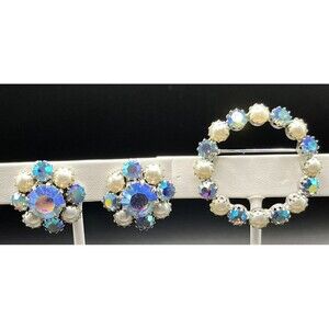 WEISS Vintage AB Rhinestone Faux Pearl Brooch Pin & Clip on Earrings set